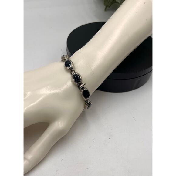 Sterling Silver 925 Vintage Ten Oval Onyx Inlay Linked Bracelet 15.7 Gram, Sz 7 - Picture 3 of 11
